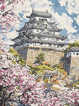 クロスステッチ　刺繍アート作品 城と花の風景 クロスステッチ刺繍アート作品 城と花の風景
